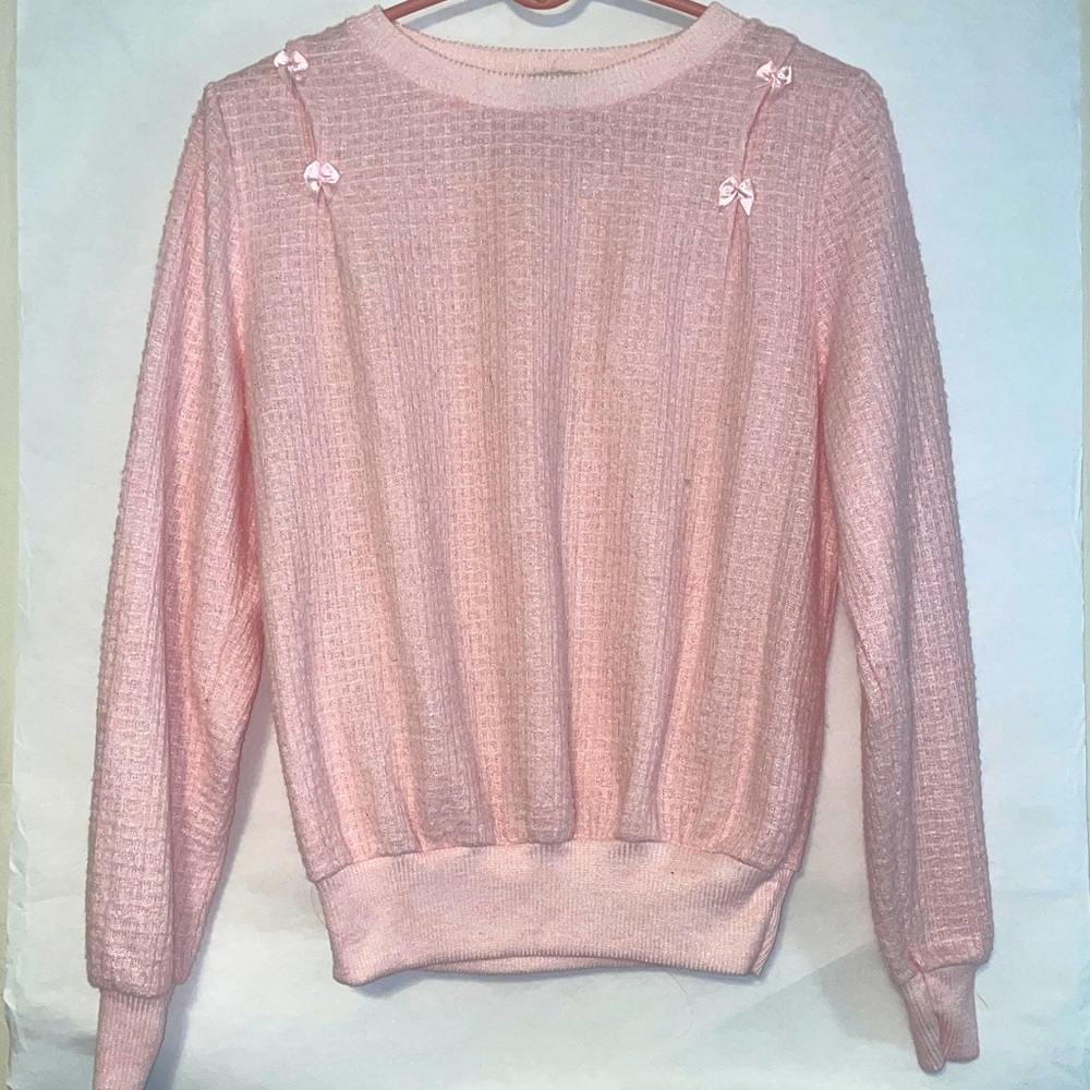 Vintage 80’s Crewneck Pastel Pink Sweater with Bows and Pleat Details